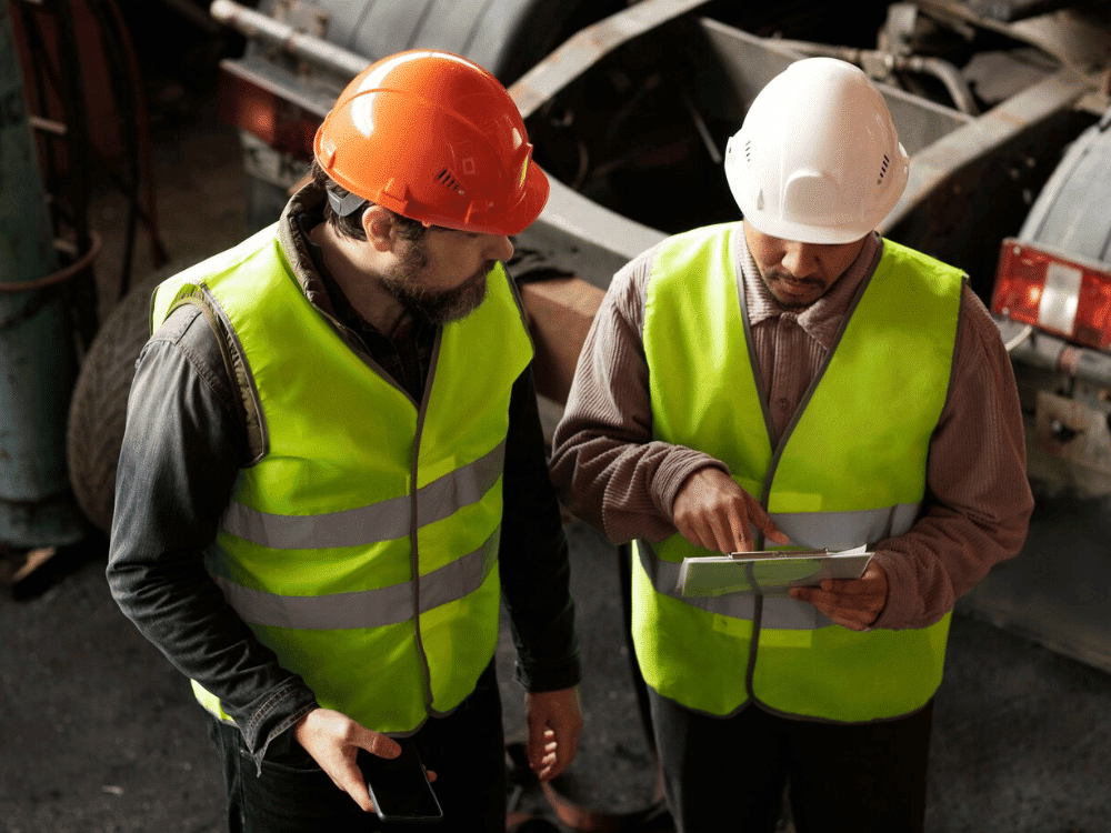 Two construction workers in safety vests discussing over a tablet on-site.